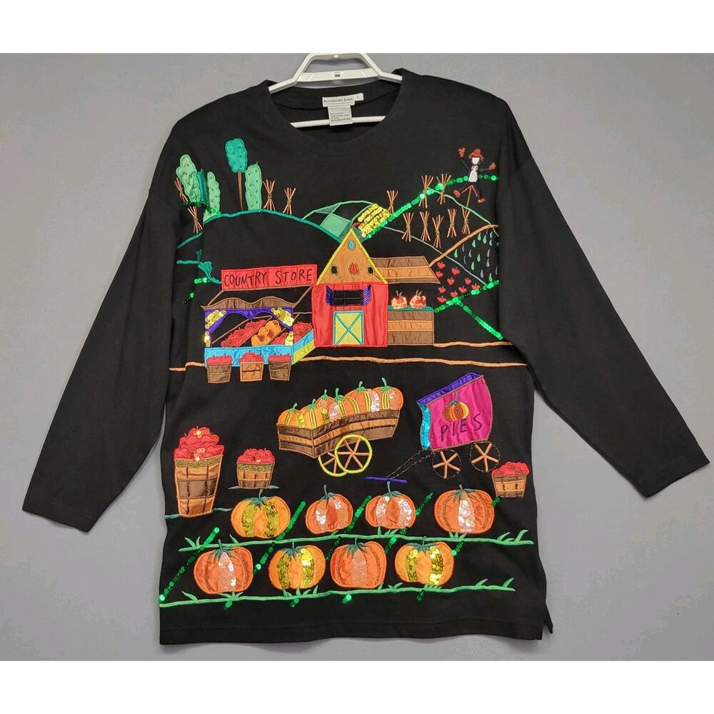 Vintage 80s‎ Accessory Lady Top Womens L Black Fall Applique Embroidered Sequin